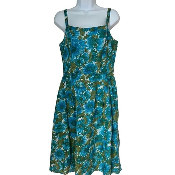 Talbots Fit Flare Green Teal Floral 100% Cotton Strap feminine Summer Dress 8P - Picture 5 of 11